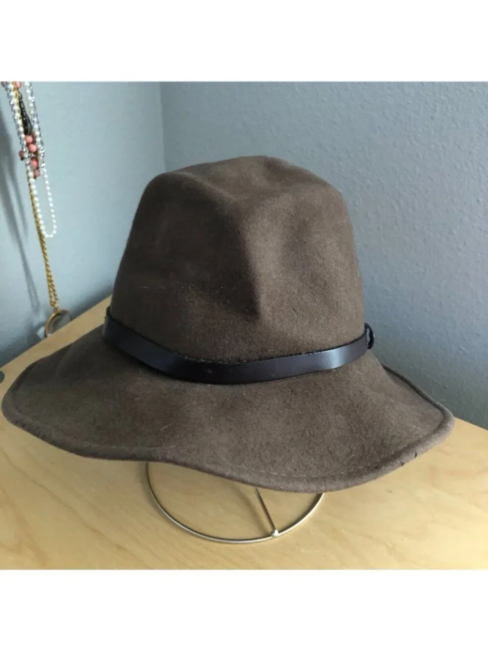 Scala Tan Brown Wool Fedora Hat Wide Brim Boho Western size S Leather Band